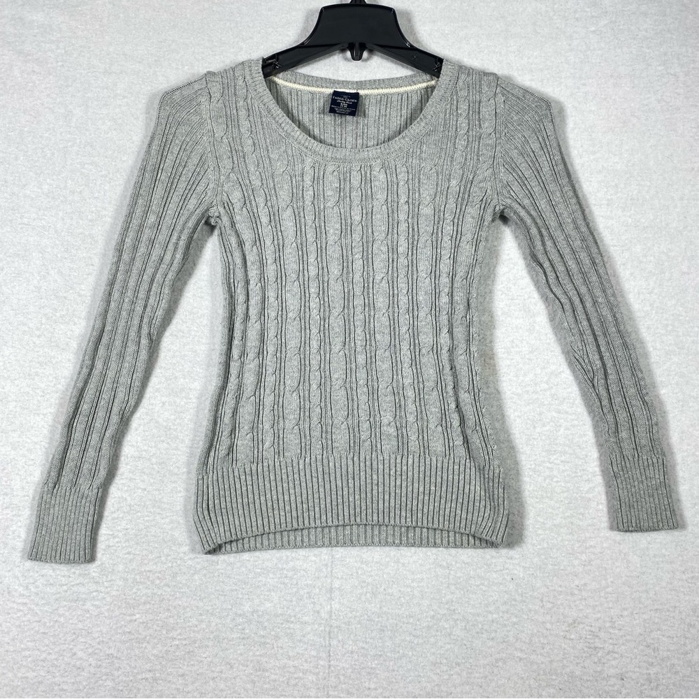 Faded Glory Cable Knit Ribbed Sweater Women’s S Gray Crew Neck Organic Cotton